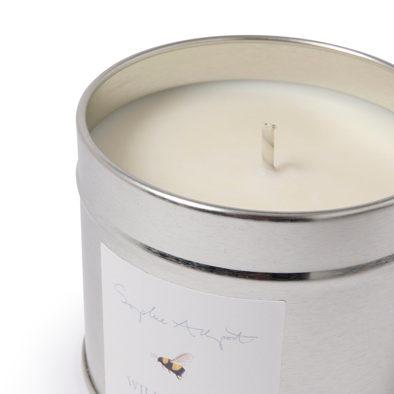 Floral scent tin candle by Sophie Allport wick detail