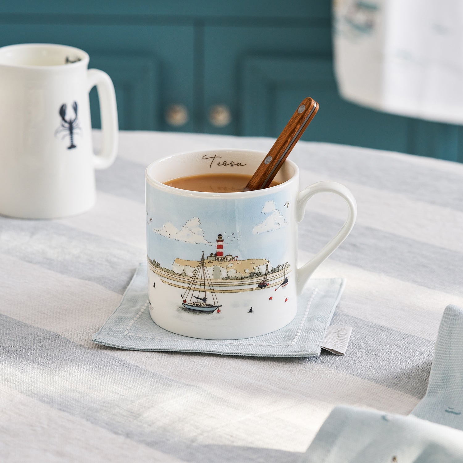 Fine bone china mugs with coastal sailing boats print by Sophie Allport personalised