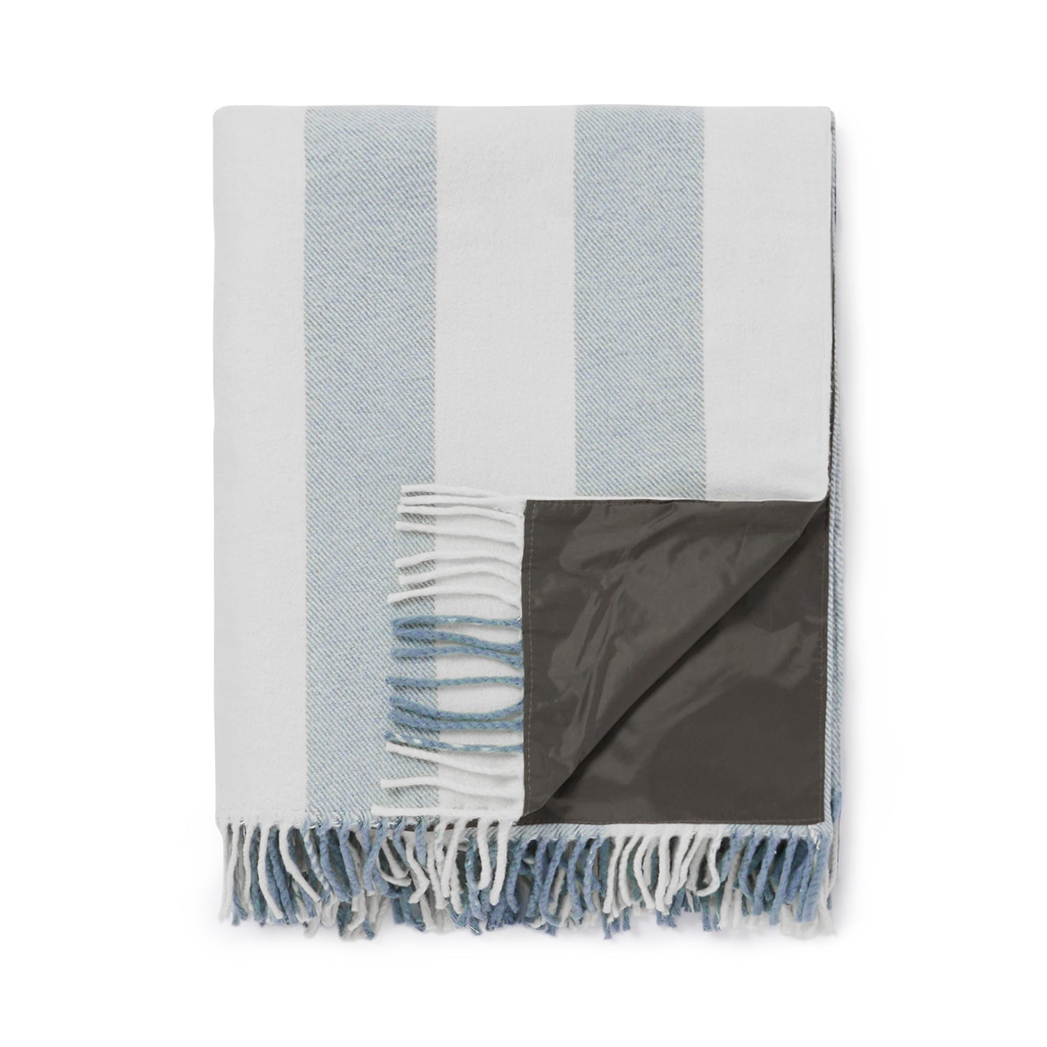 Blue and white stripe woven picnic blanket by Sophie Allport reverse detail