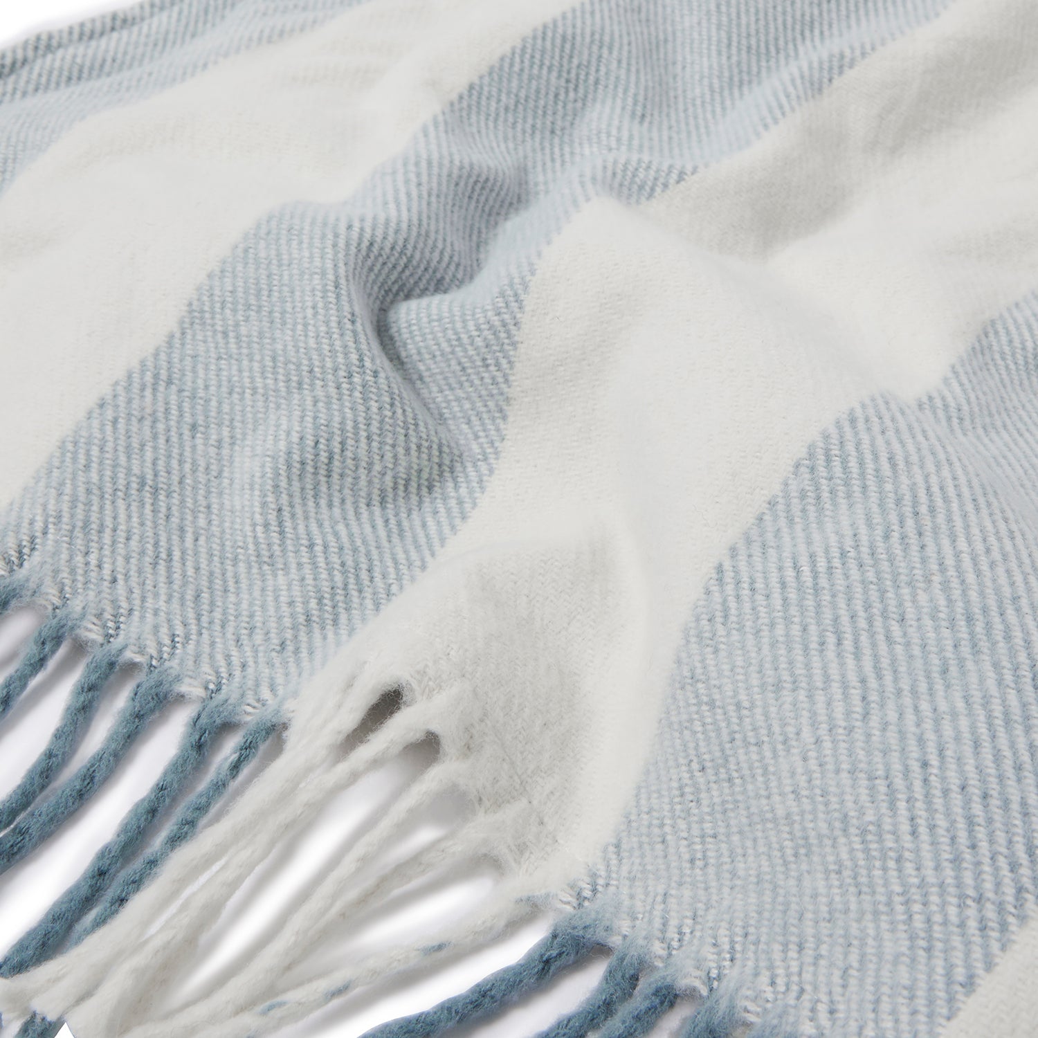 Blue and white stripe woven picnic blanket by Sophie Allport fringe detail