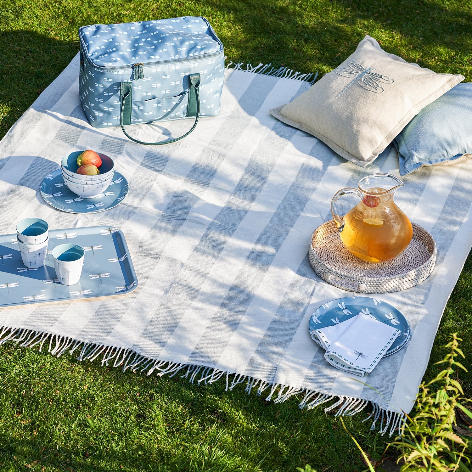 Blue and white stripe woven picnic blanket by Sophie Allport