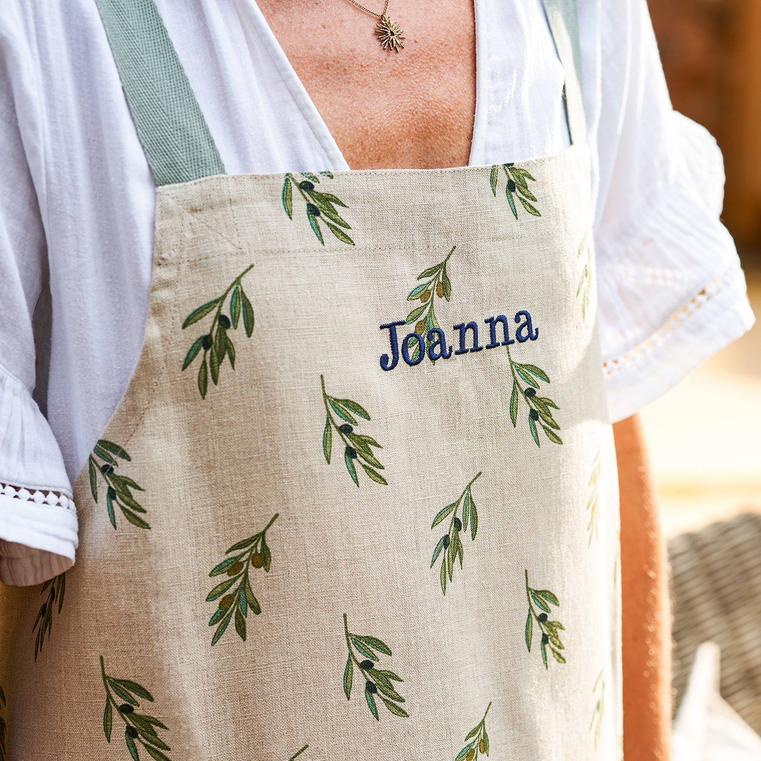 Linen adult apron with olive print by Sophie Allport personalised