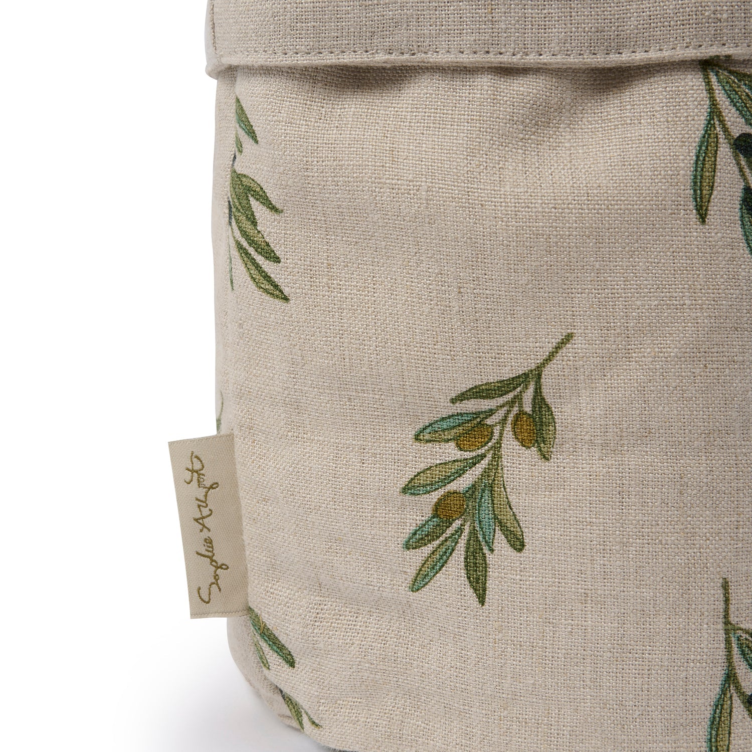 Olive printed linen bread baskets by Sophie Allport tag detail