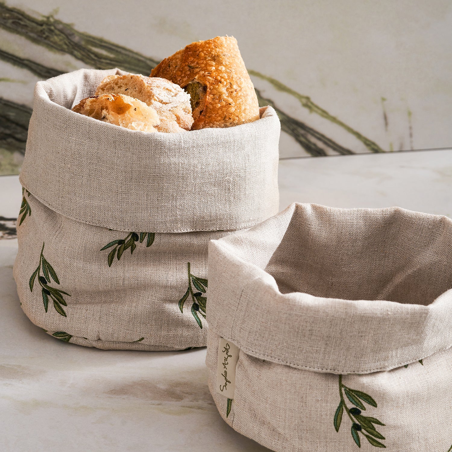 Olive printed linen bread baskets by Sophie Allport detail