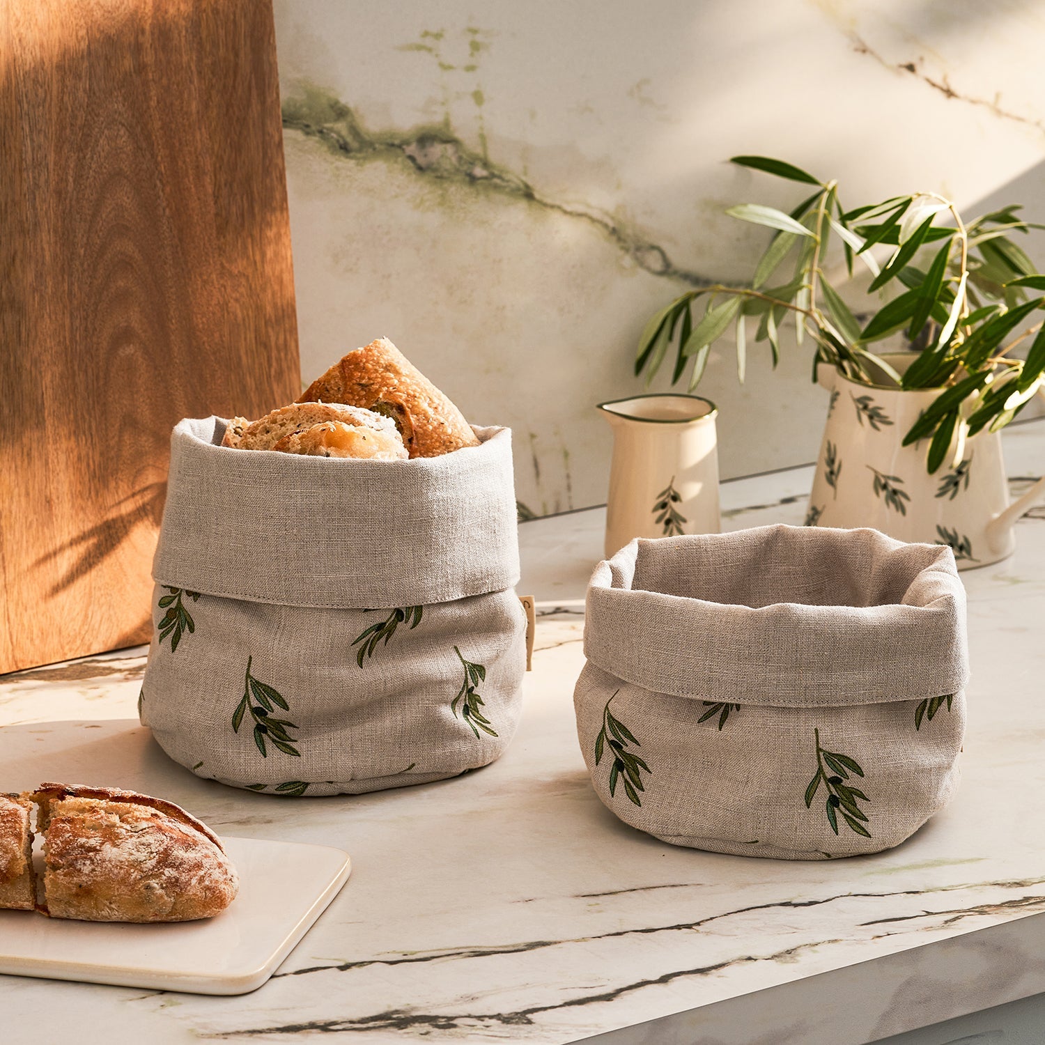 Olive printed linen bread baskets by Sophie Allport