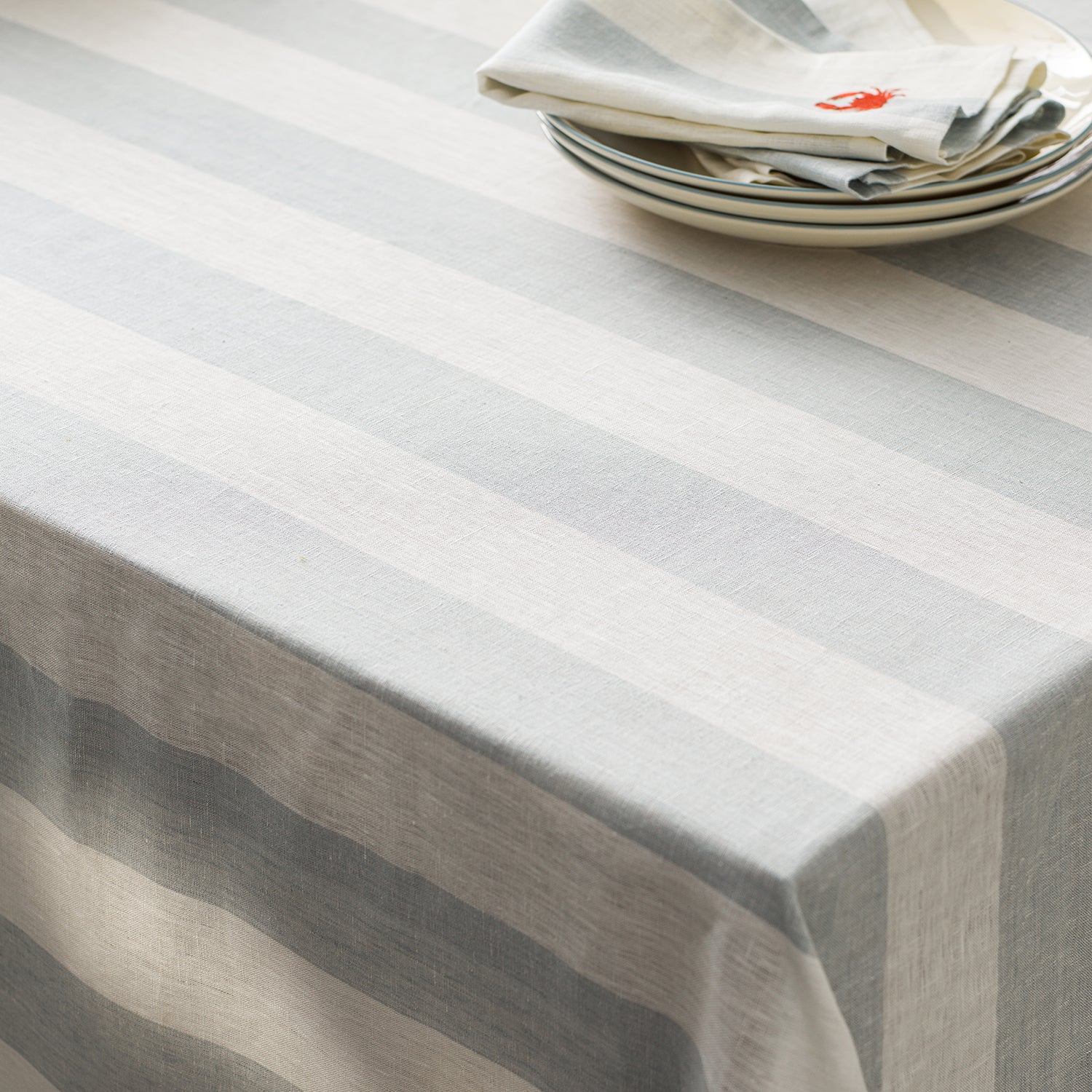 Blue and white stripe coastal tablecloth by Sophie Allport detail