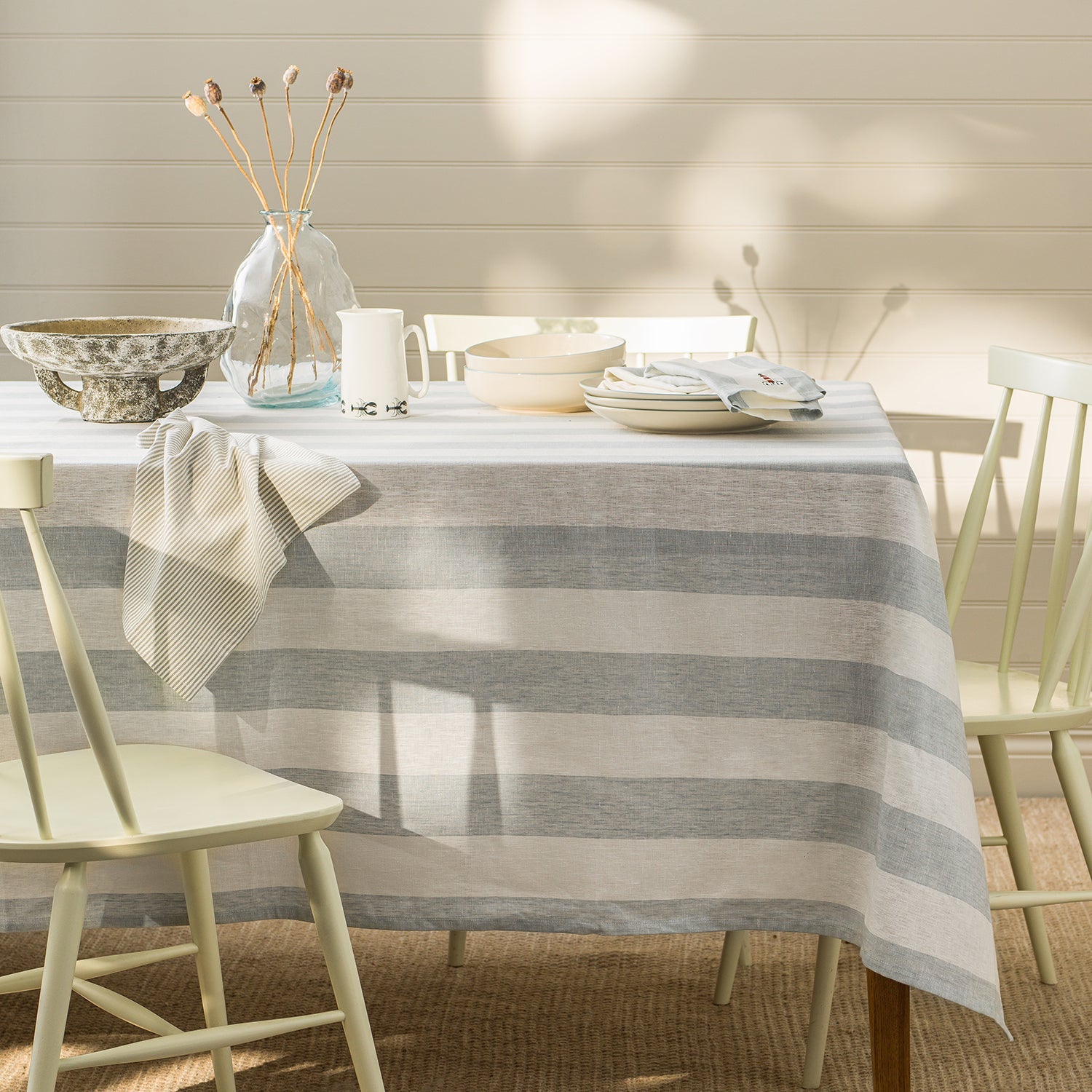 Blue and white stripe coastal tablecloth by Sophie Allport