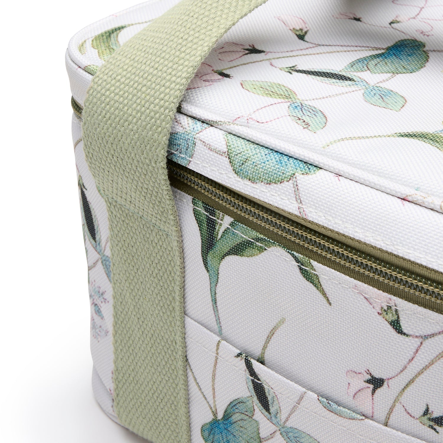 White lunch bag with floral print by Sophie Allport strap detail