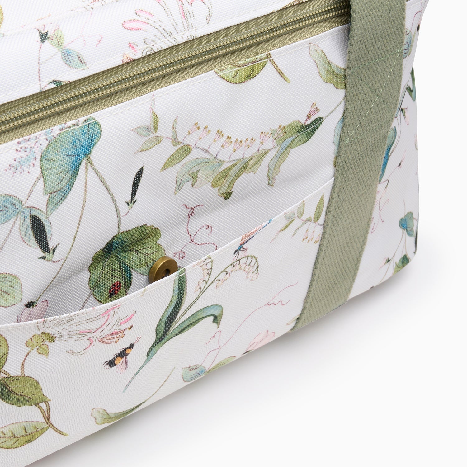 White picnic bag with floral print by Sophie Allport strap detail