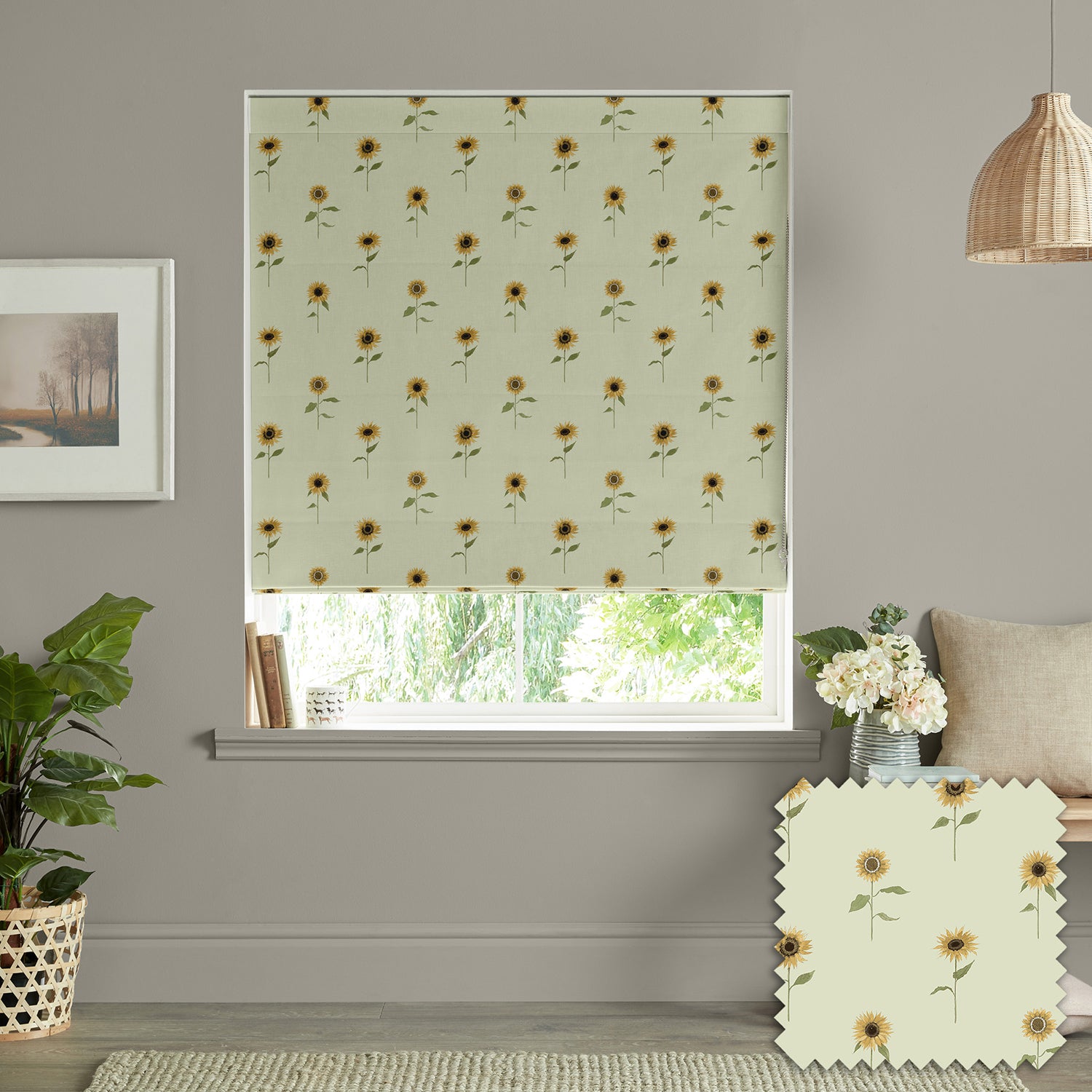 Sunflowers Pale Green Made to Measure Roman Blind by Sophie Allport