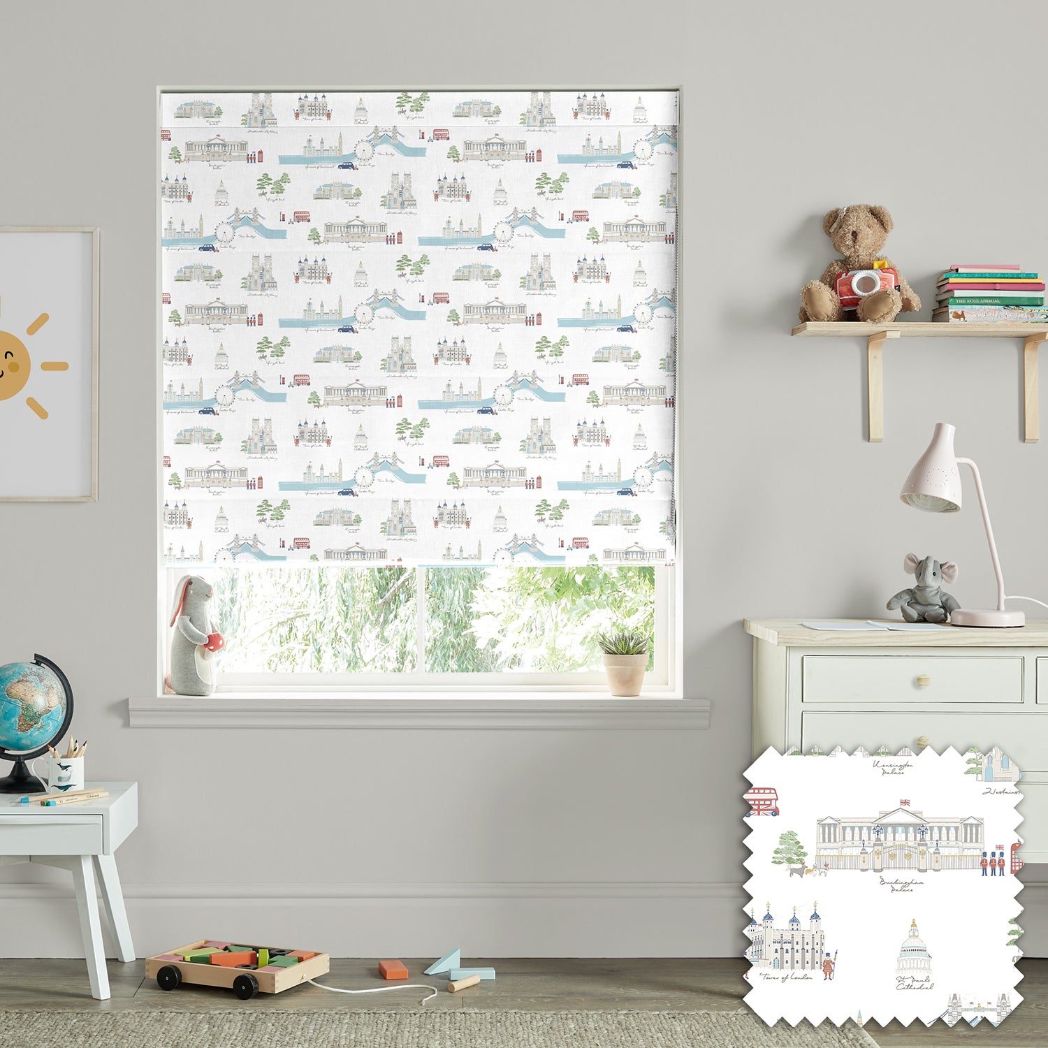 London White & Blue Made to Measure Roman Blind by Sophie Allport