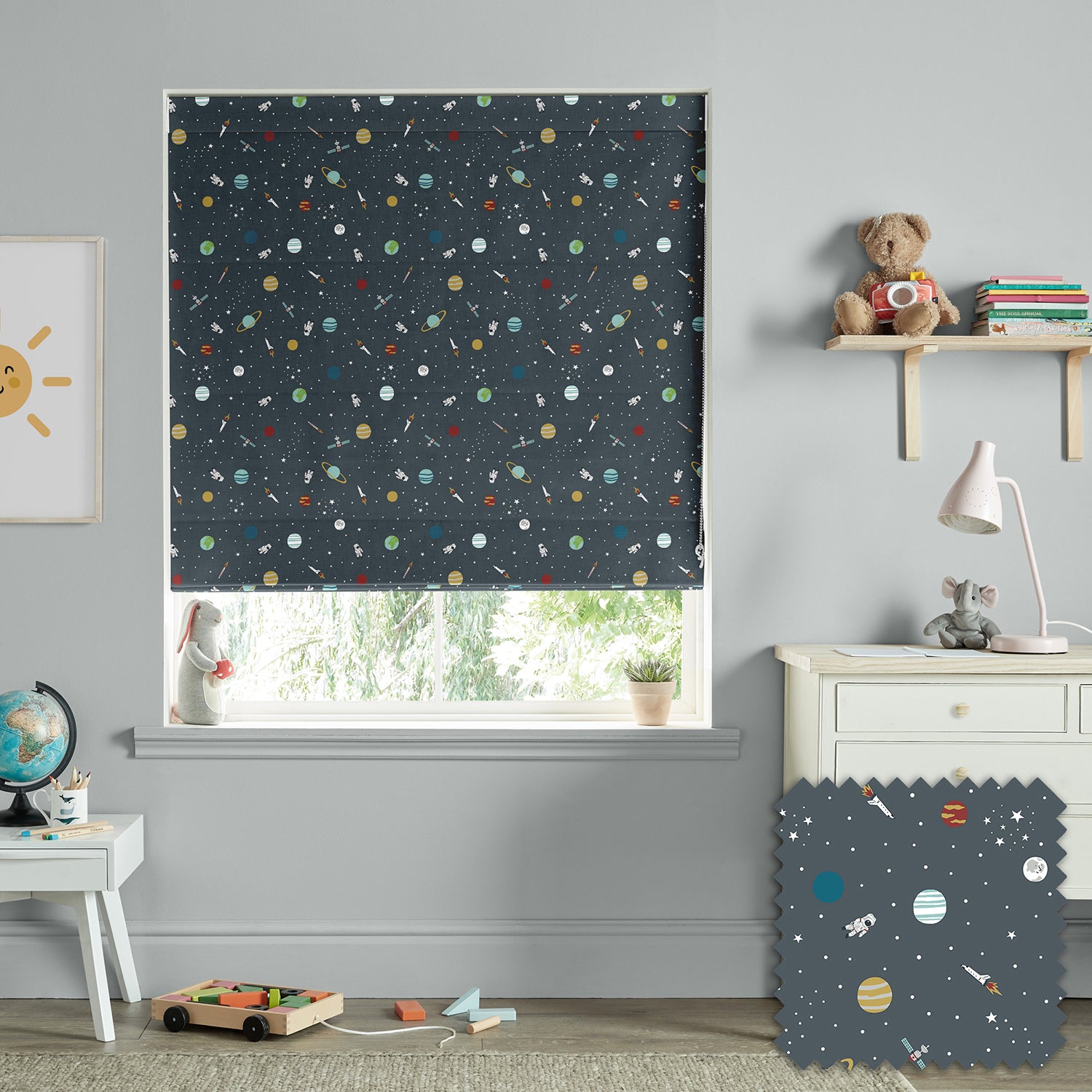 Space Teal Made to Measure Roman Blind by Sophie Allport