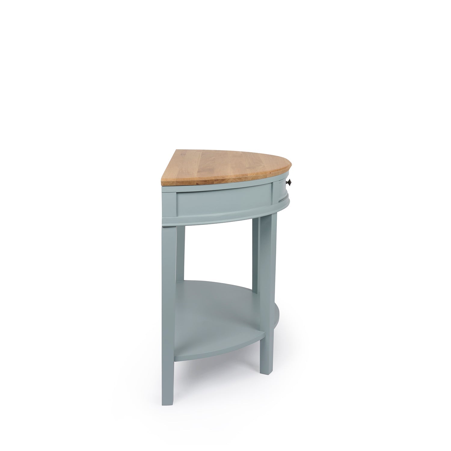 Blue halfmoon console table with oak top by Sophie Allport side