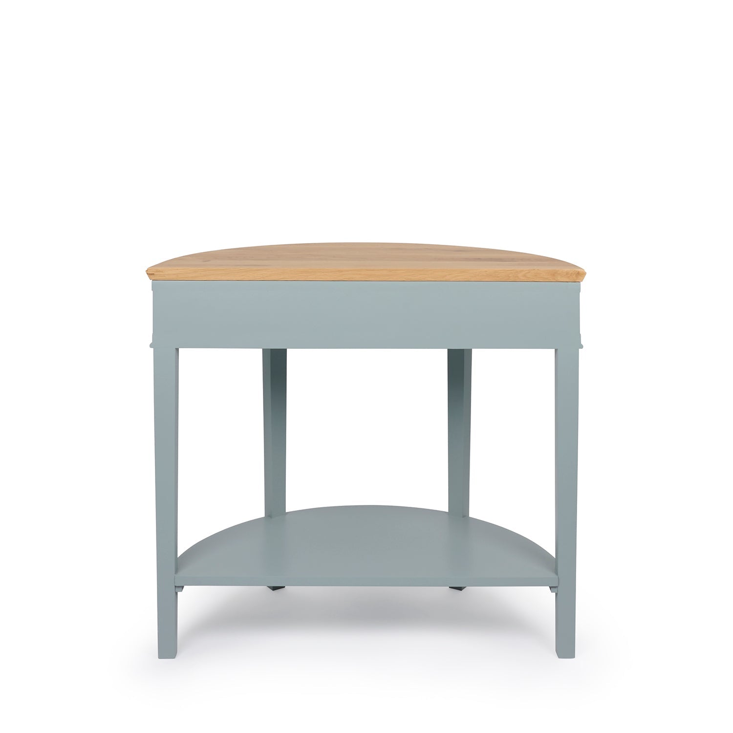 Blue halfmoon console table with oak top by Sophie Allport back