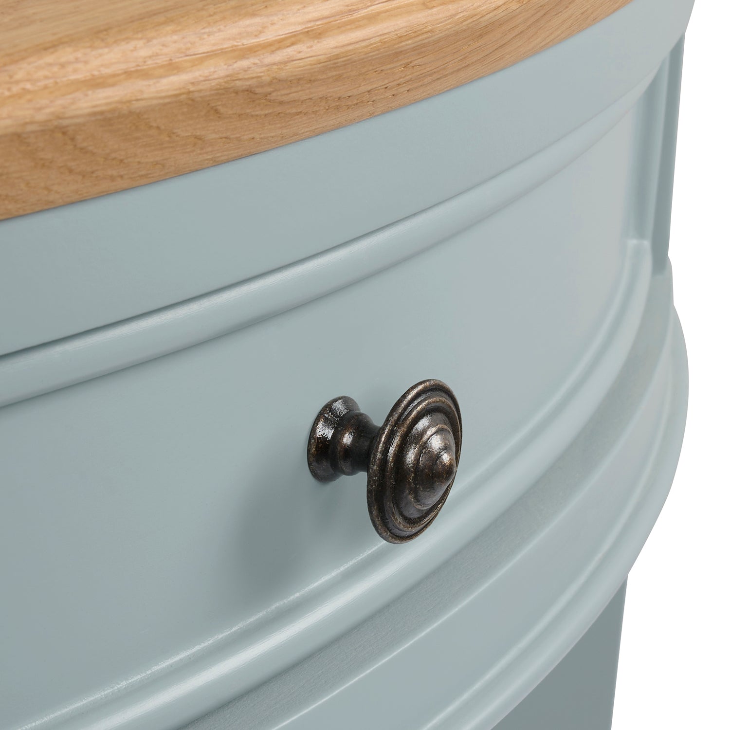 Blue halfmoon console table with oak top by Sophie Allport hardware detail