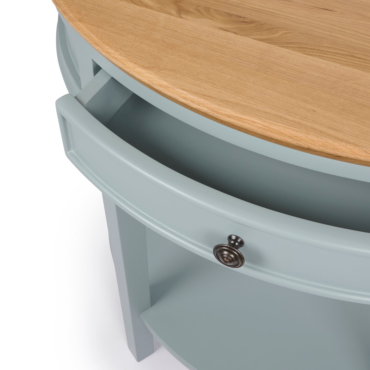 Blue halfmoon console table with oak top by Sophie Allport top