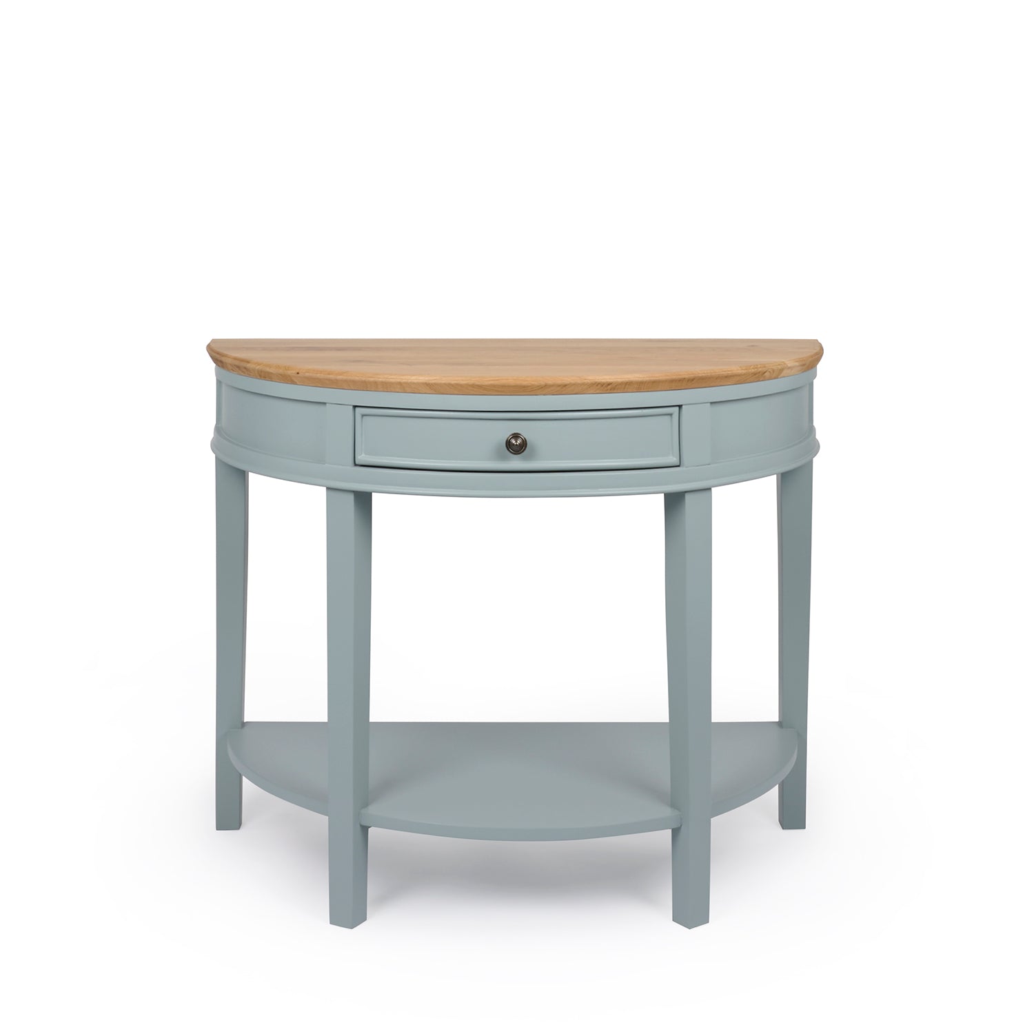 Blue halfmoon console table with oak top by Sophie Allport front