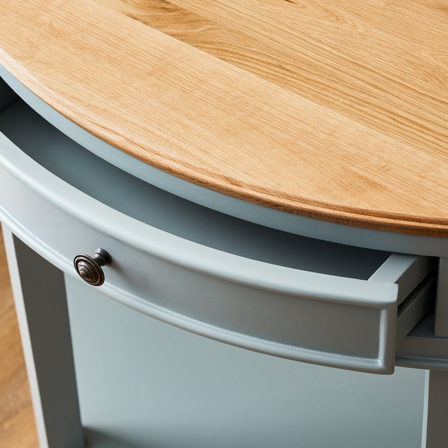 Blue halfmoon console table with oak top by Sophie Allport drawer detail