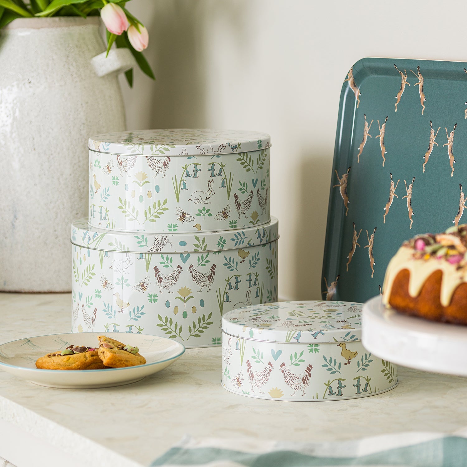 Easter print round cake tins by Sophie Allport