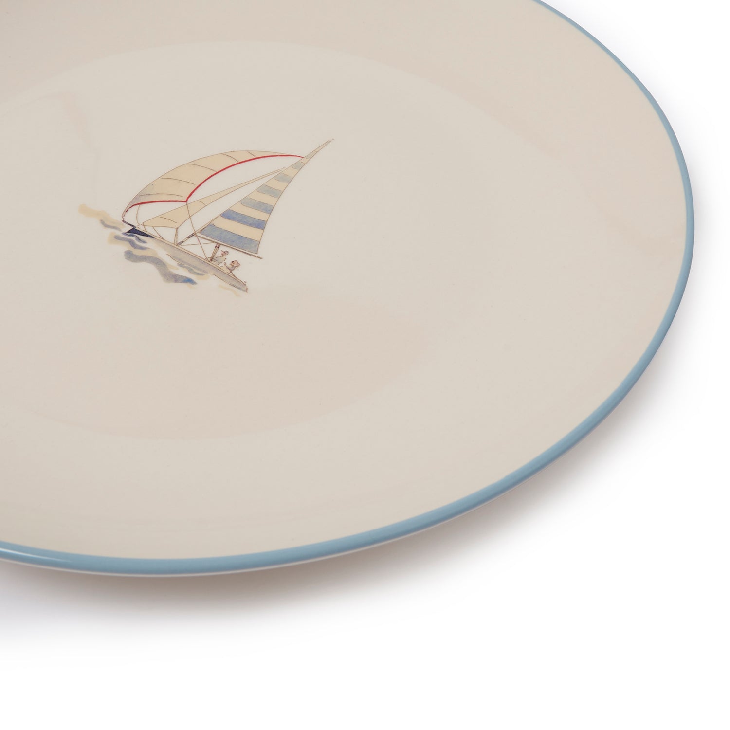 Stoneware dinner plate with red sailing boat by Sophie Allport rim detail