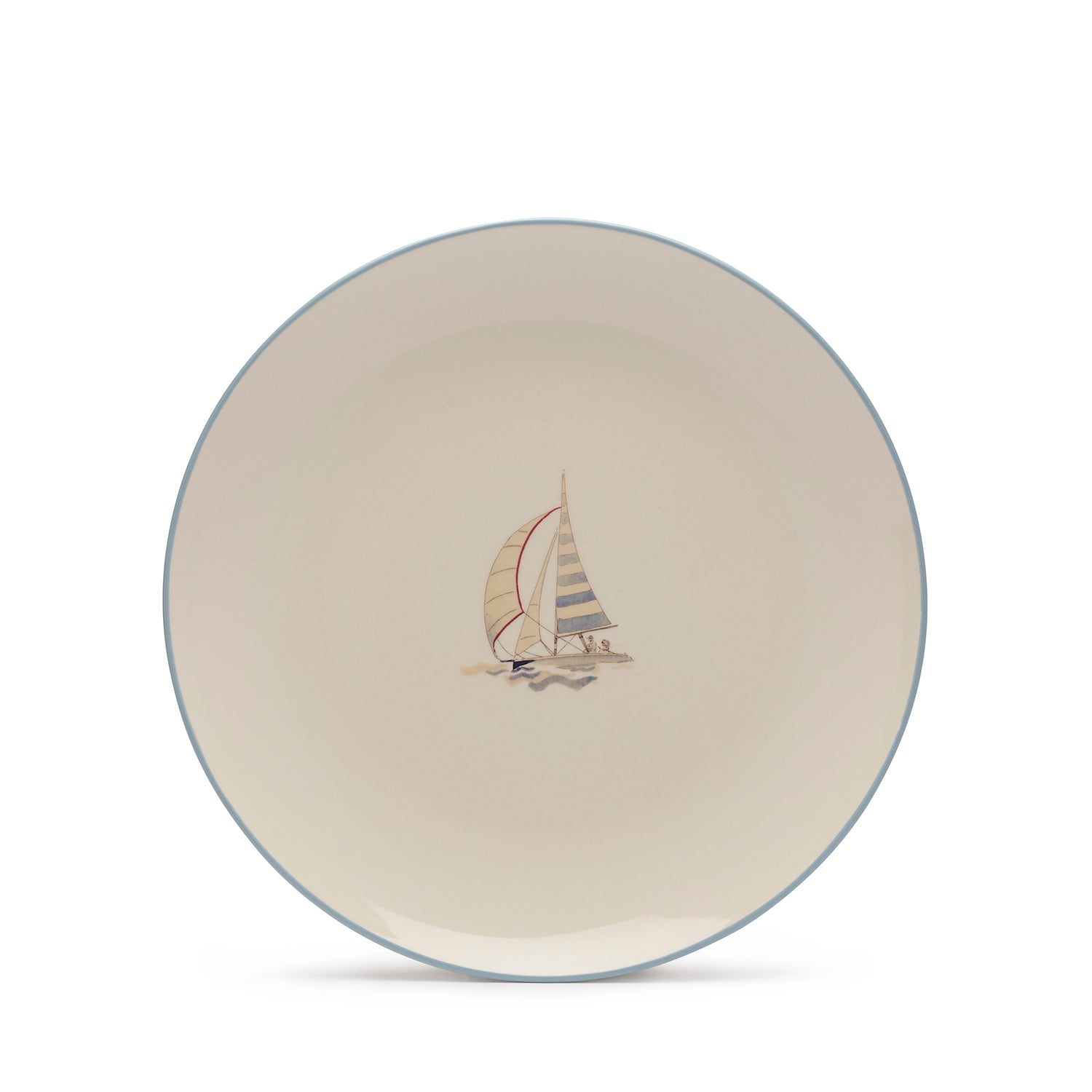 Stoneware dinner plate with red sailing boat by Sophie Allport front