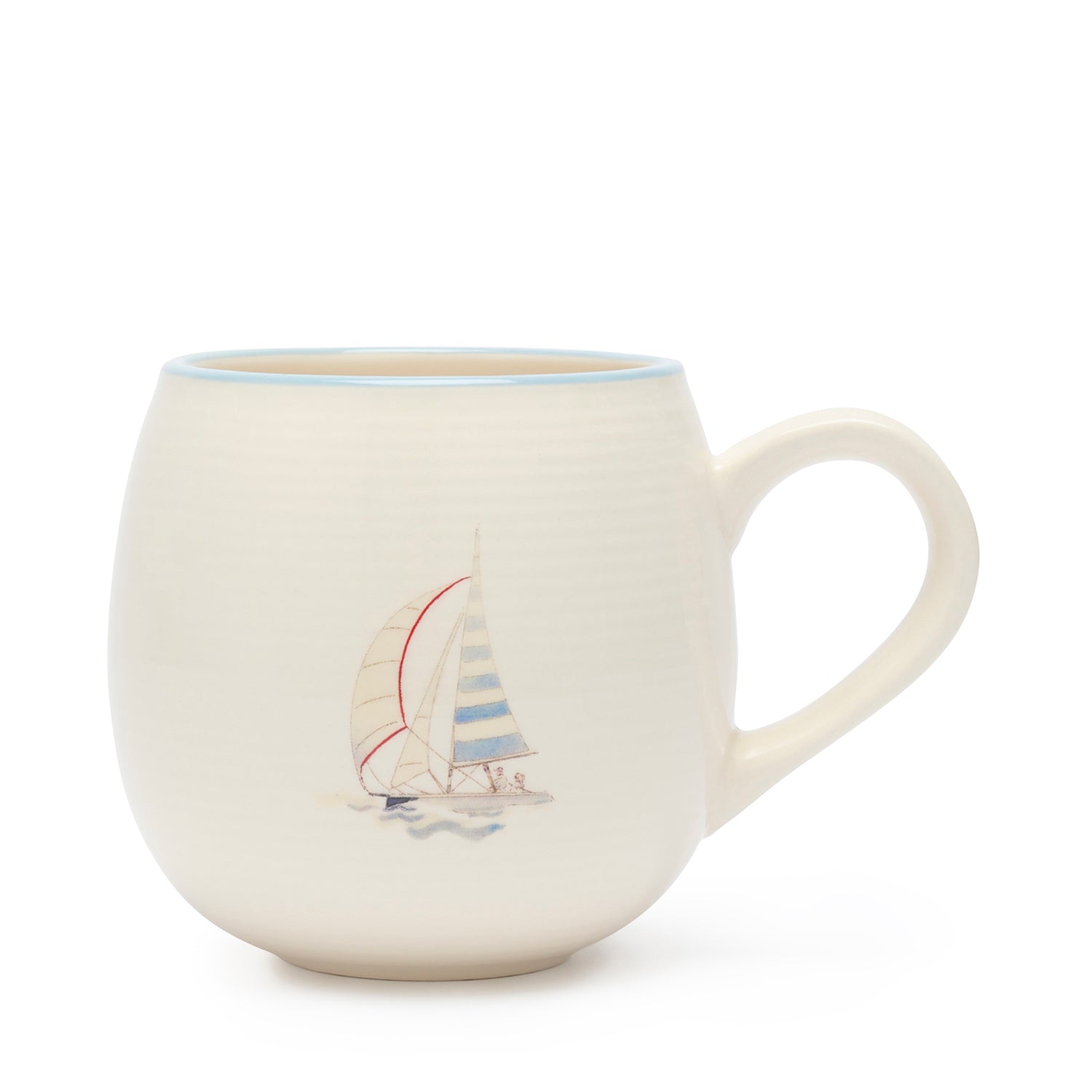 Stoneware mugs with coastal sailing boats print by Sophie Allport front