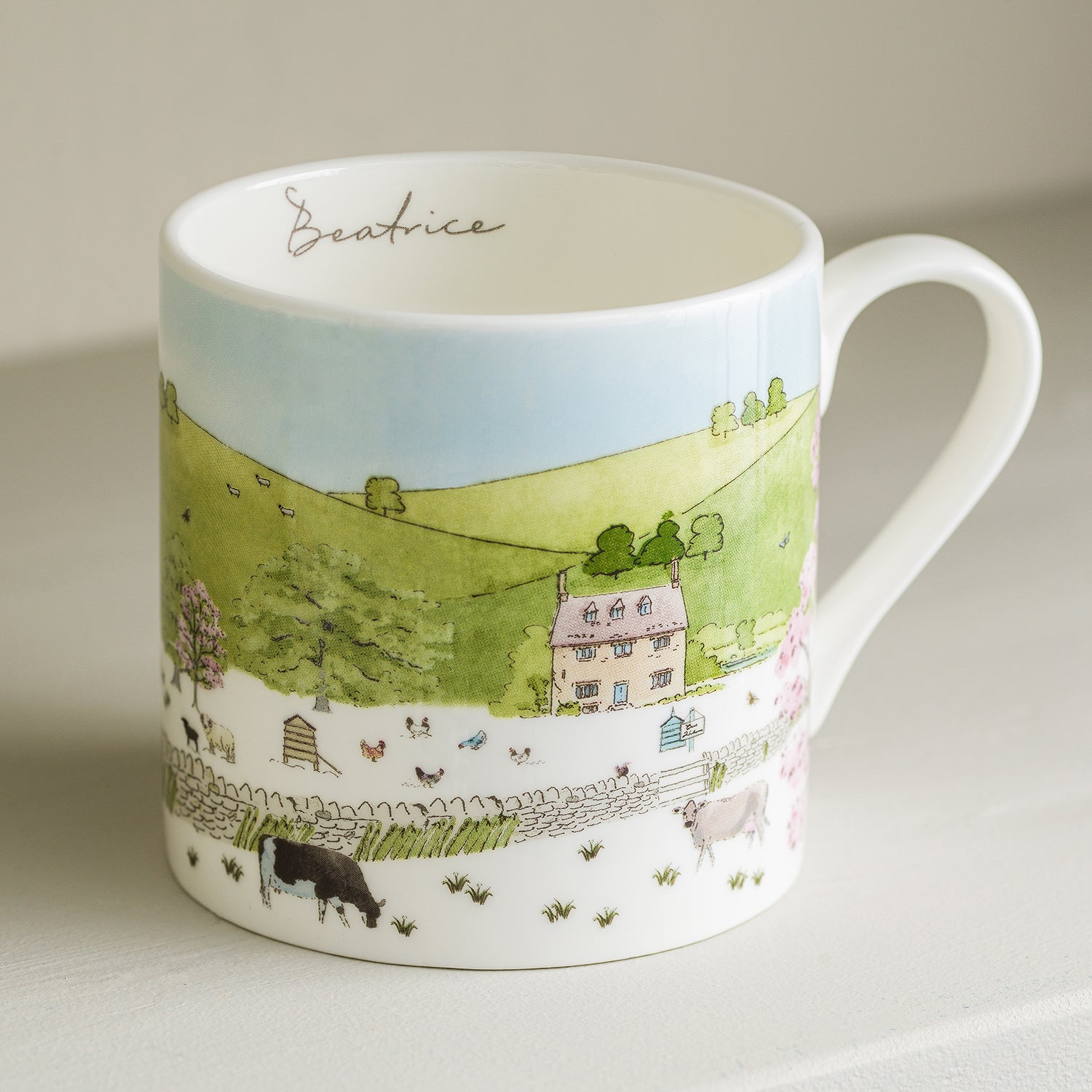 Fine bone china mugs with spring cottage print by Sophie Allport personalised