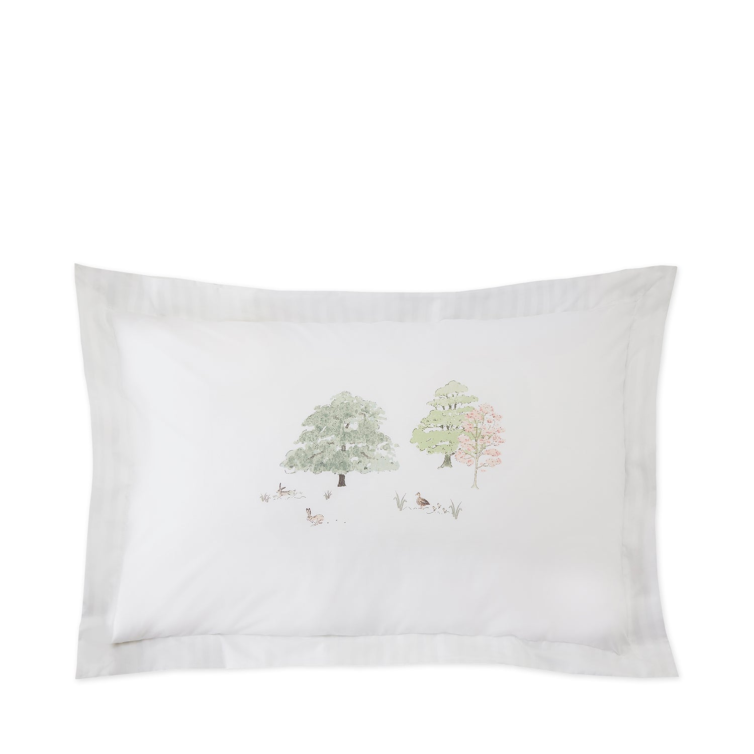 White cotton bedding set with spring cottage print by Sophie Allport pillow design