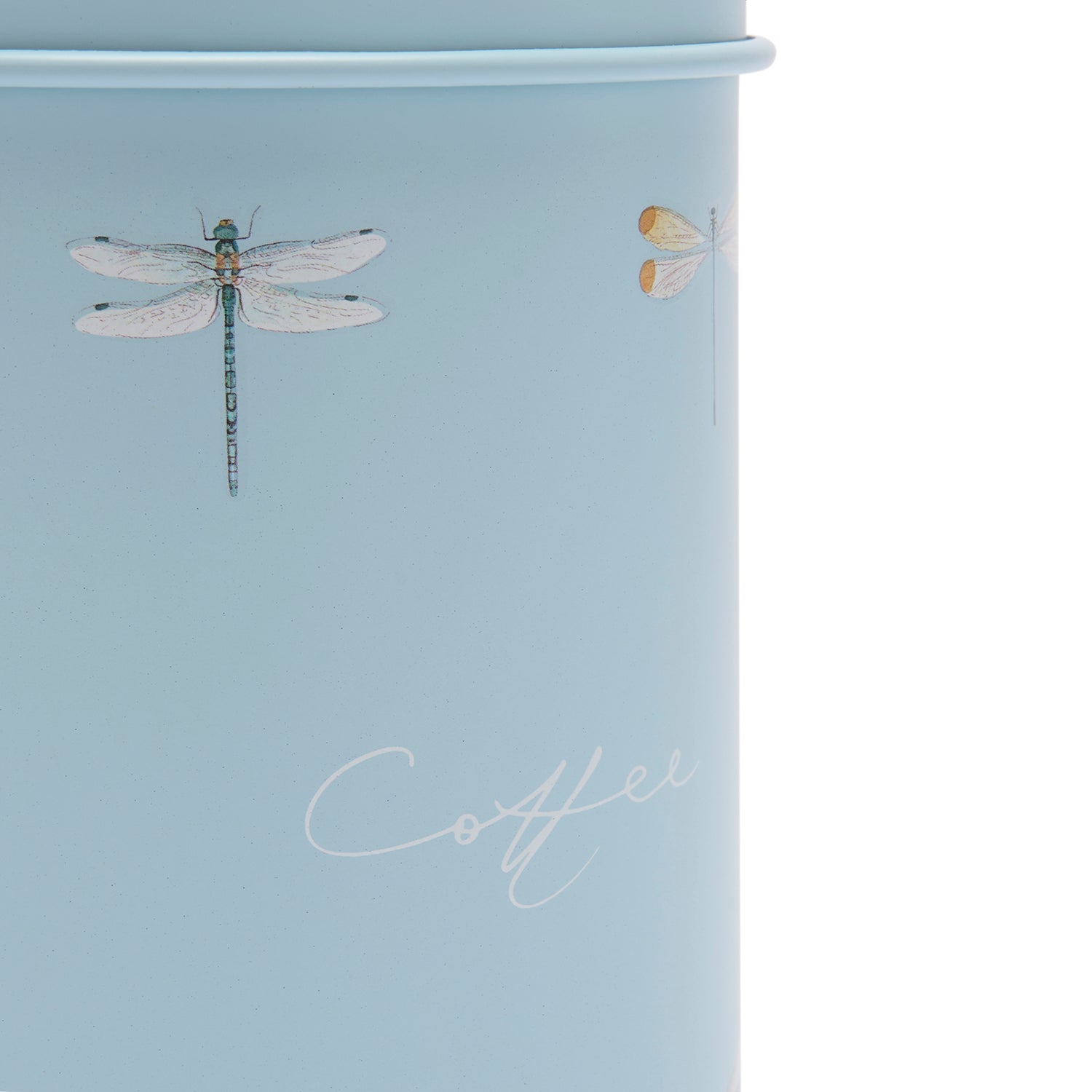 Blue coffee canister with dragonfly print by Sophie Allport side