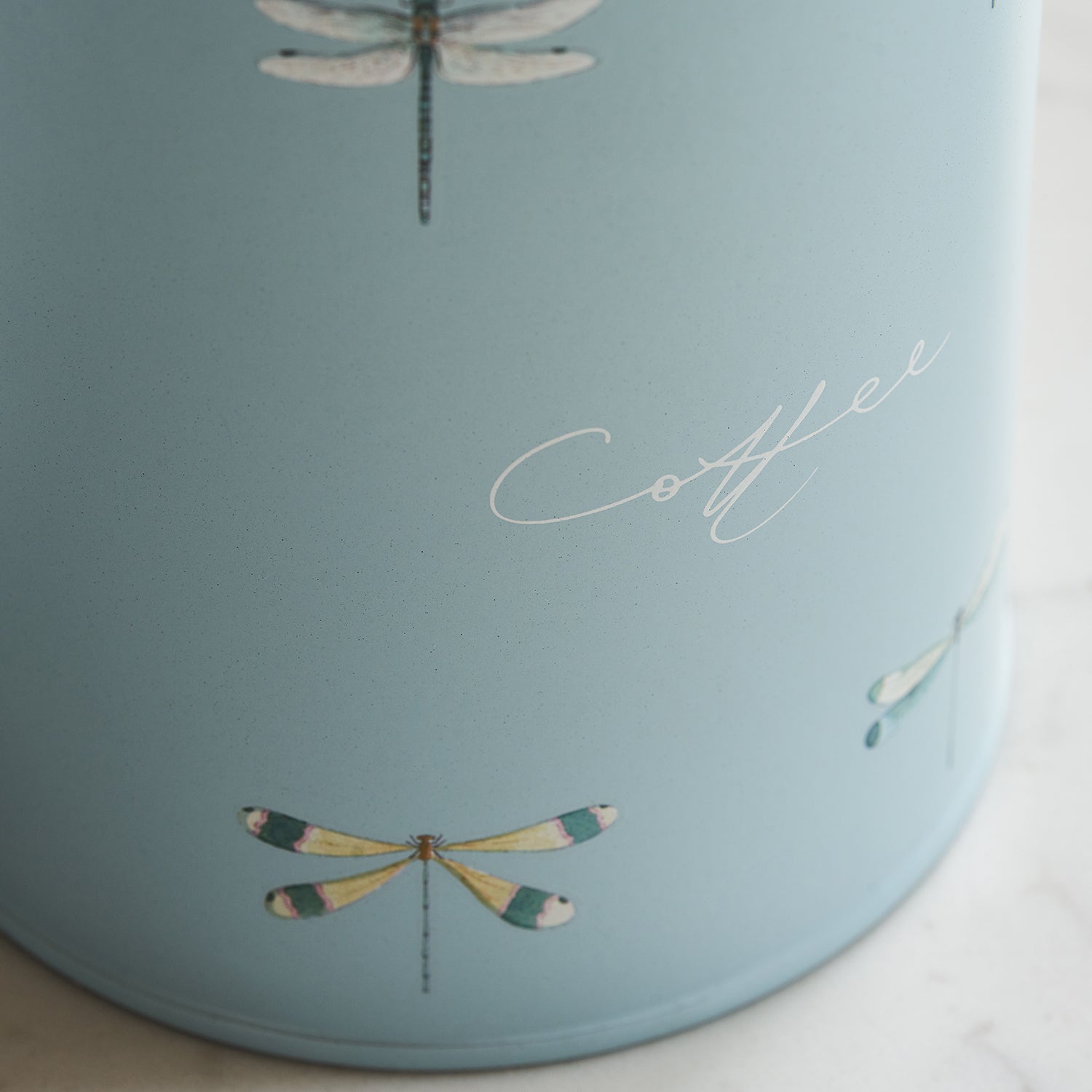 Blue coffee canister with dragonfly print by Sophie Allport detail