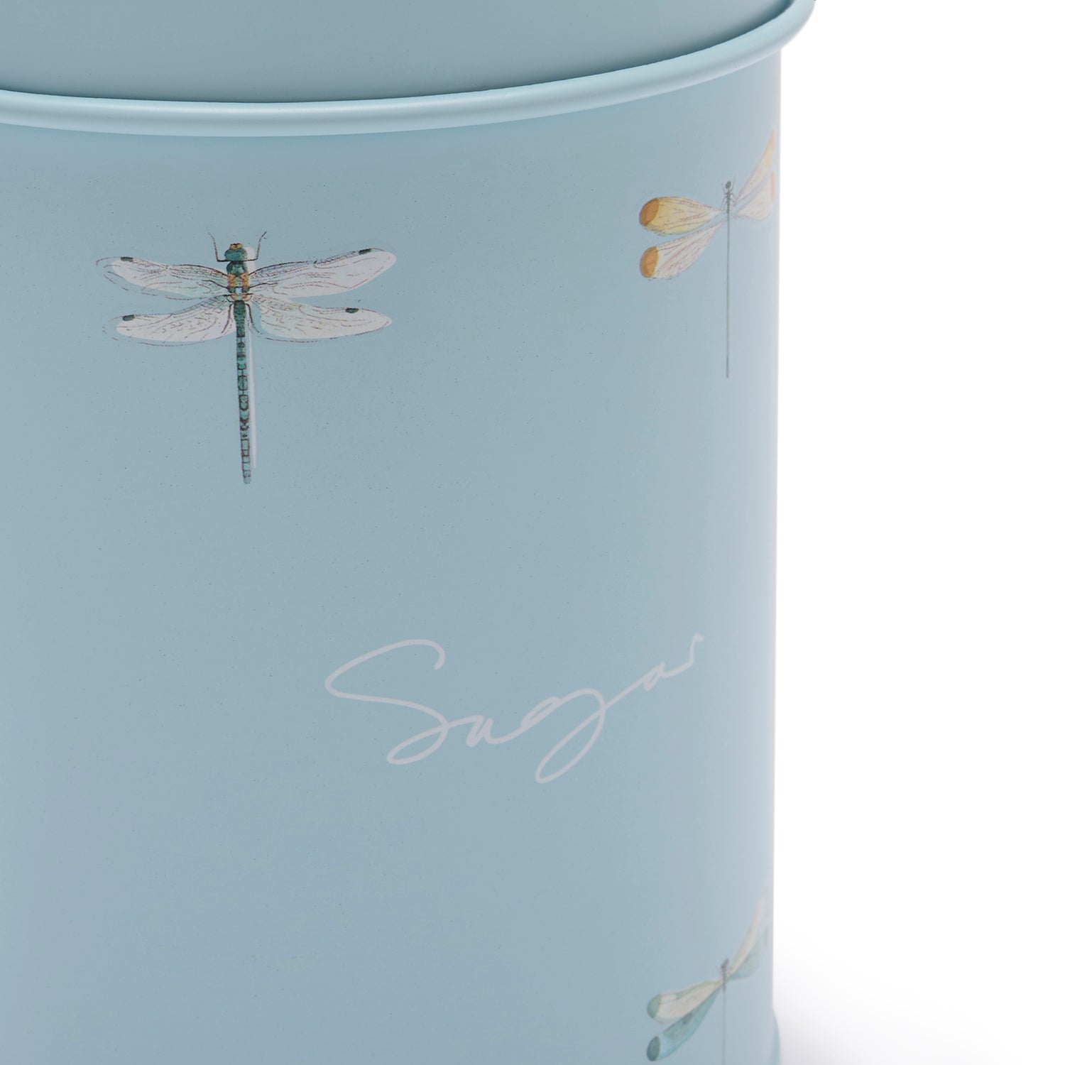 Blue tea canister with dragonfly print by Sophie Allport side