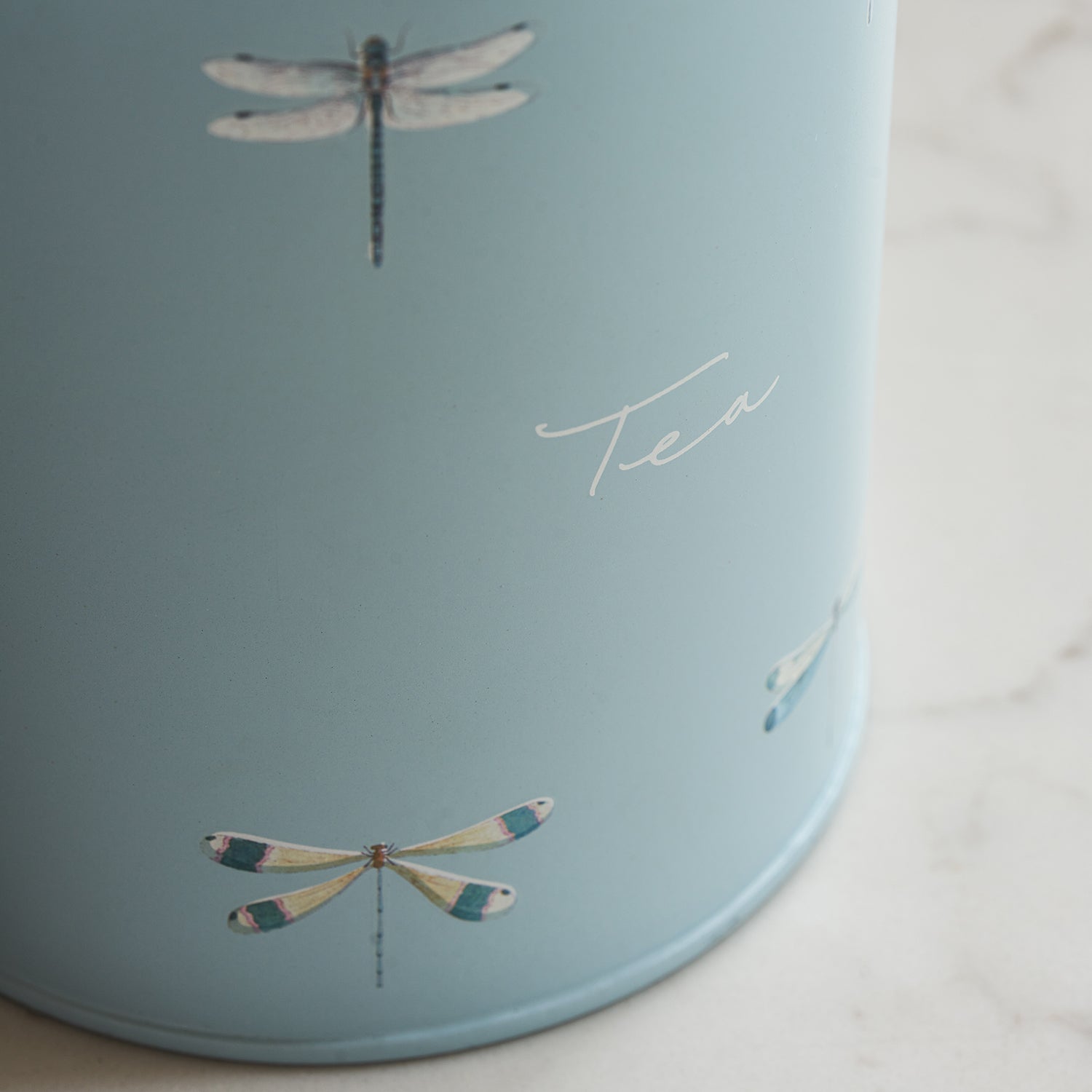 Blue tea canister with dragonfly print by Sophie Allport detail