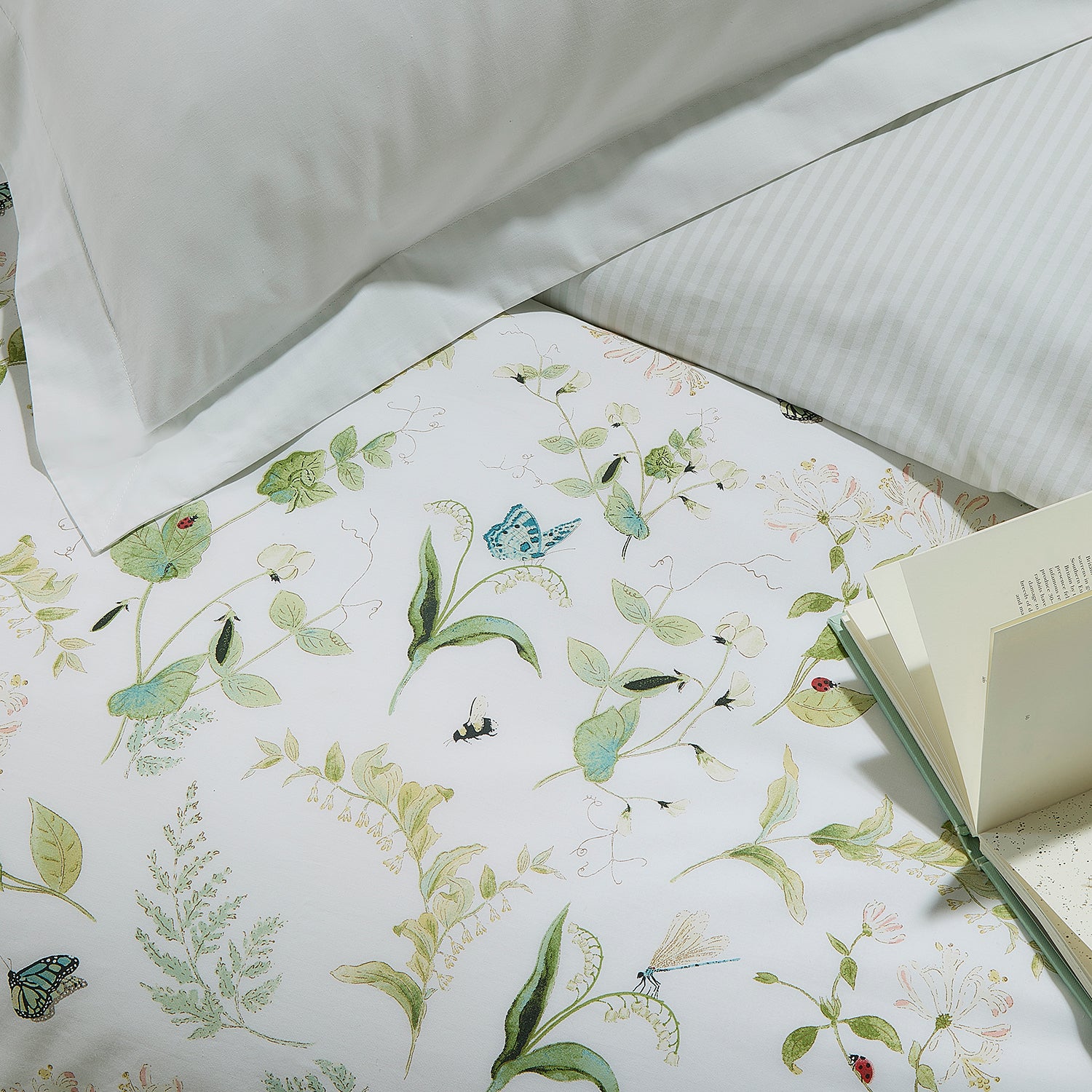 White cotton bedding set with floral print by Sophie Allport reverse detail