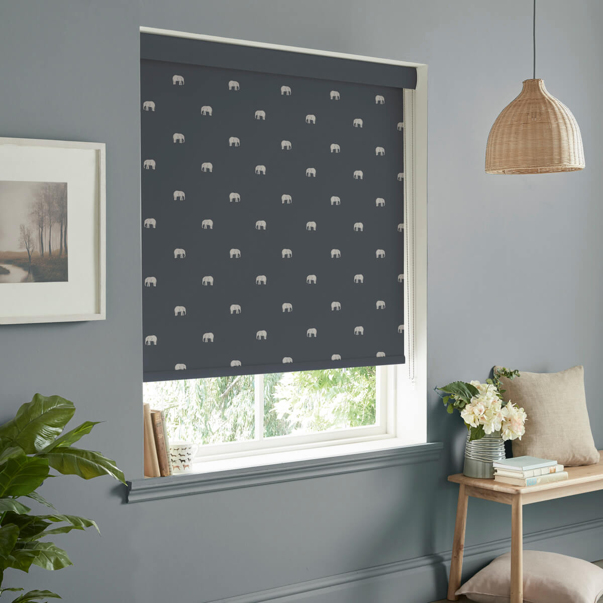 Elephant Deep Navy Roller Blind Sample