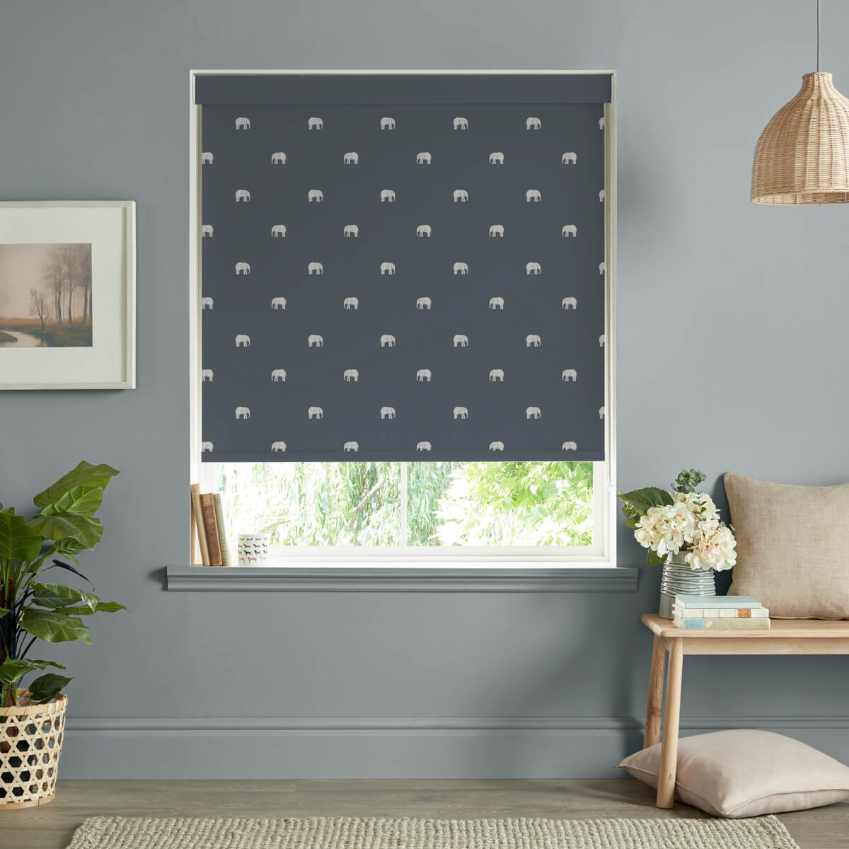 Elephant Deep Navy Roller Blind Sample