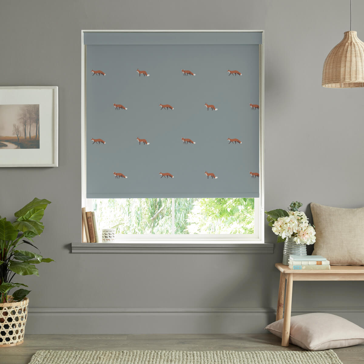 Foxes Teal Roller Blind Sample