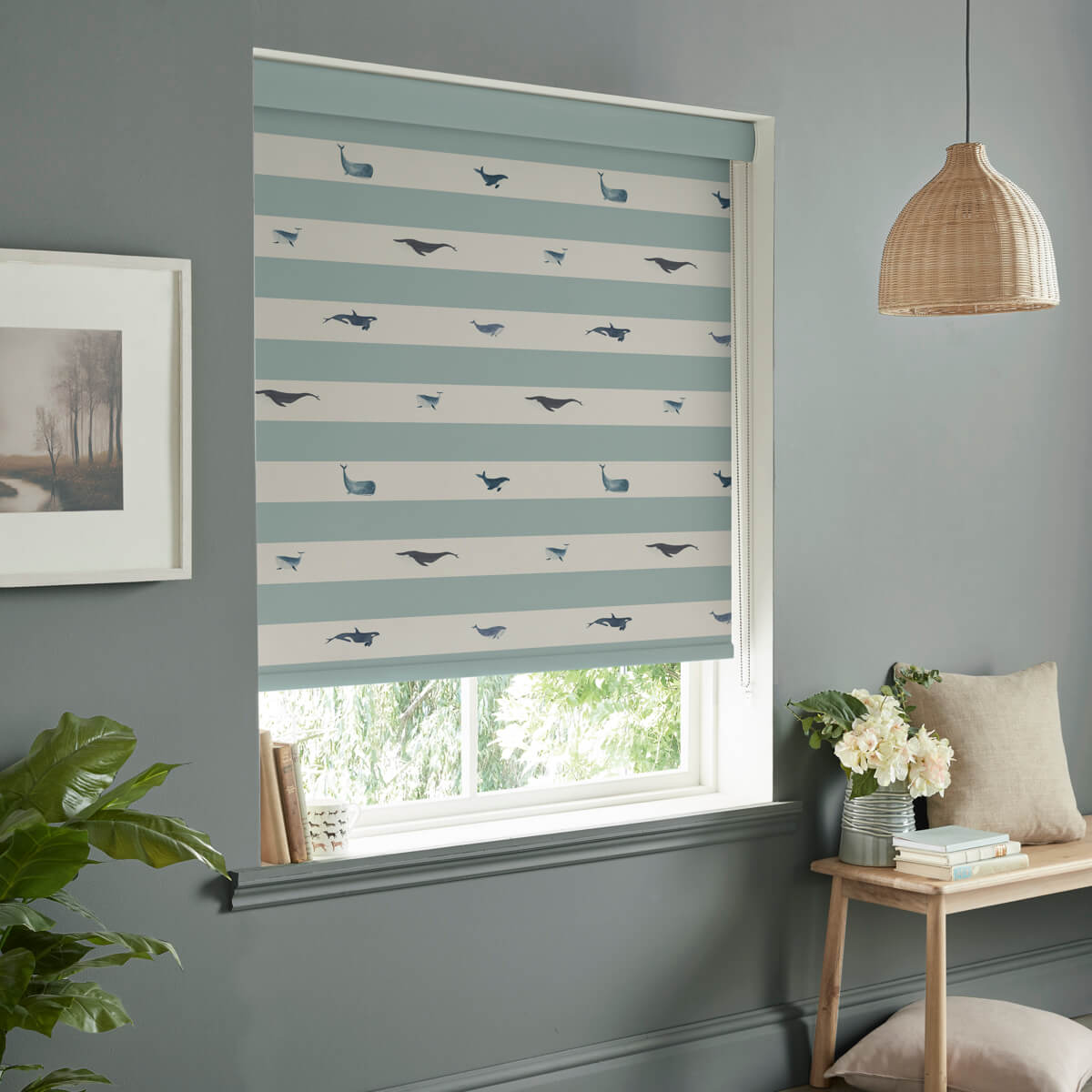 Whales Deep Duck Egg Roller Blind Sample