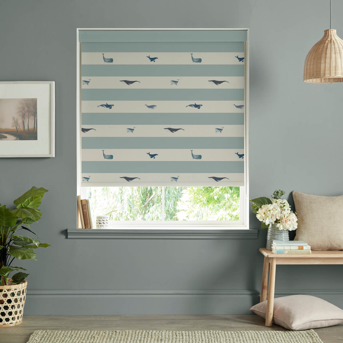 Whales Deep Duck Egg Roller Blind Sample