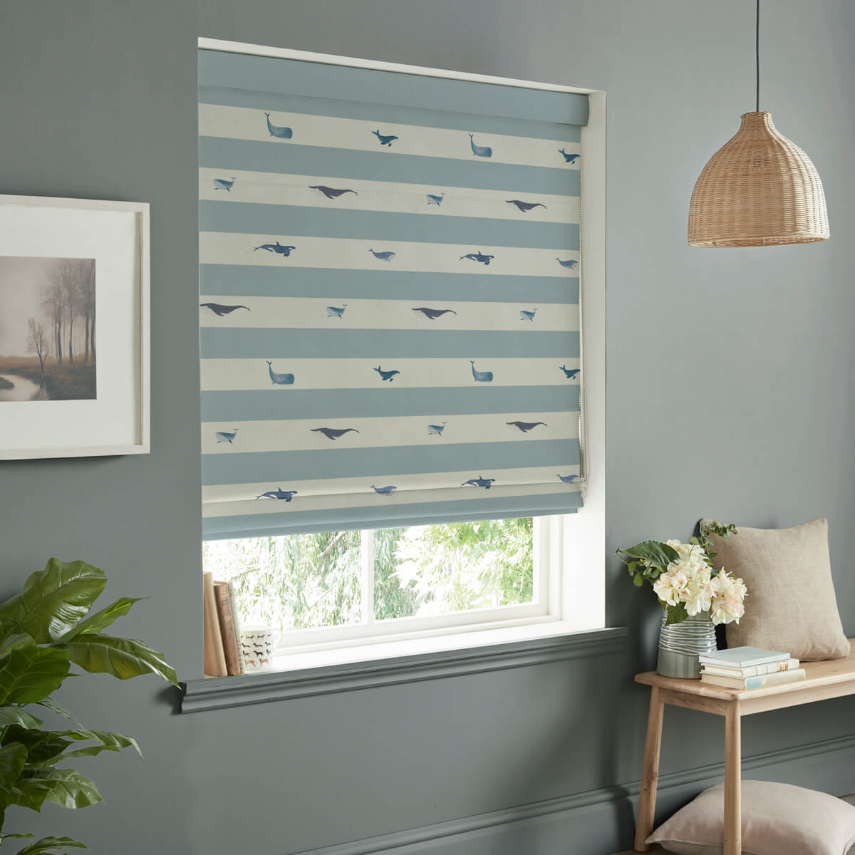 Whales Deep Duck Egg Made to Measure Roman Blind